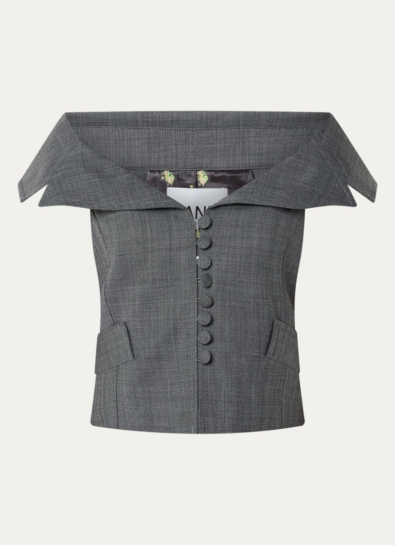 Ganni Dames Off -shoulder top in wolblend in de kleur Antraciet, maat: 38