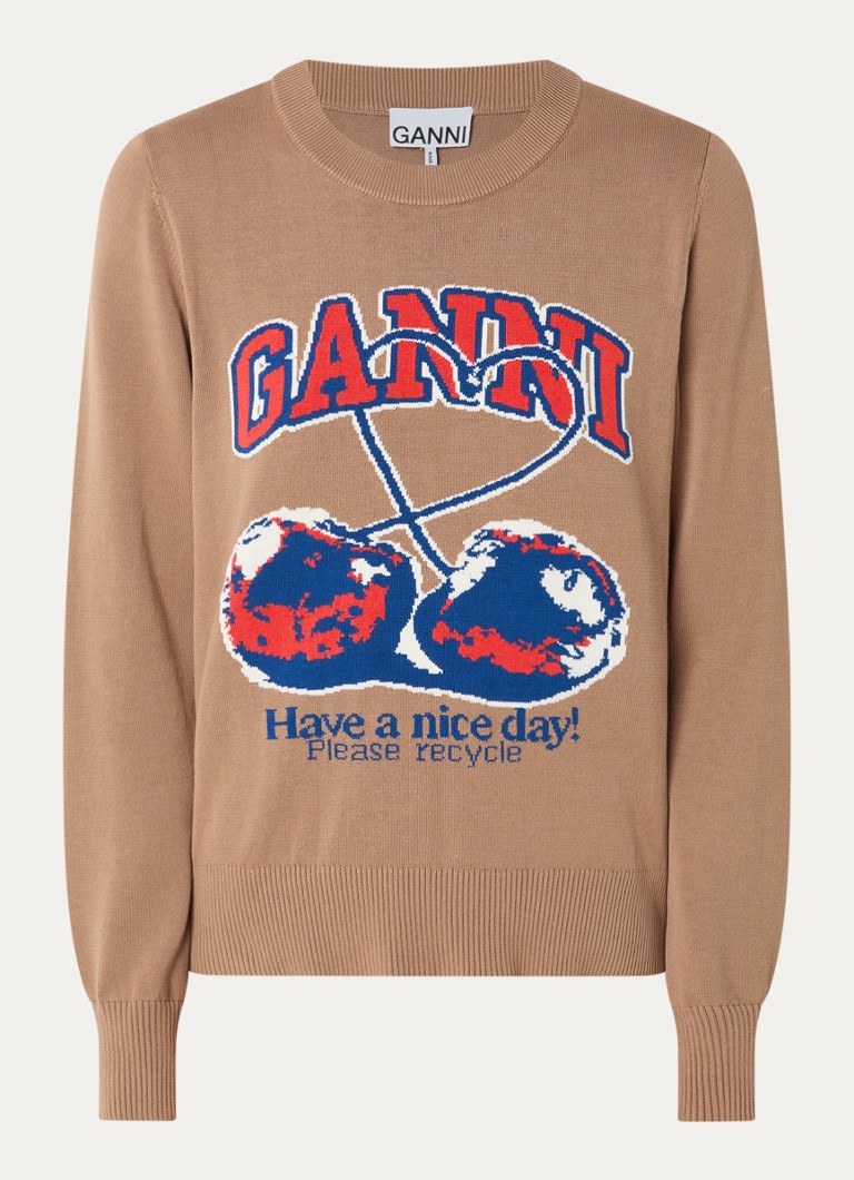 Ganni Dames Sweater met ingebreide logoprint in de kleur Camel, maat: M