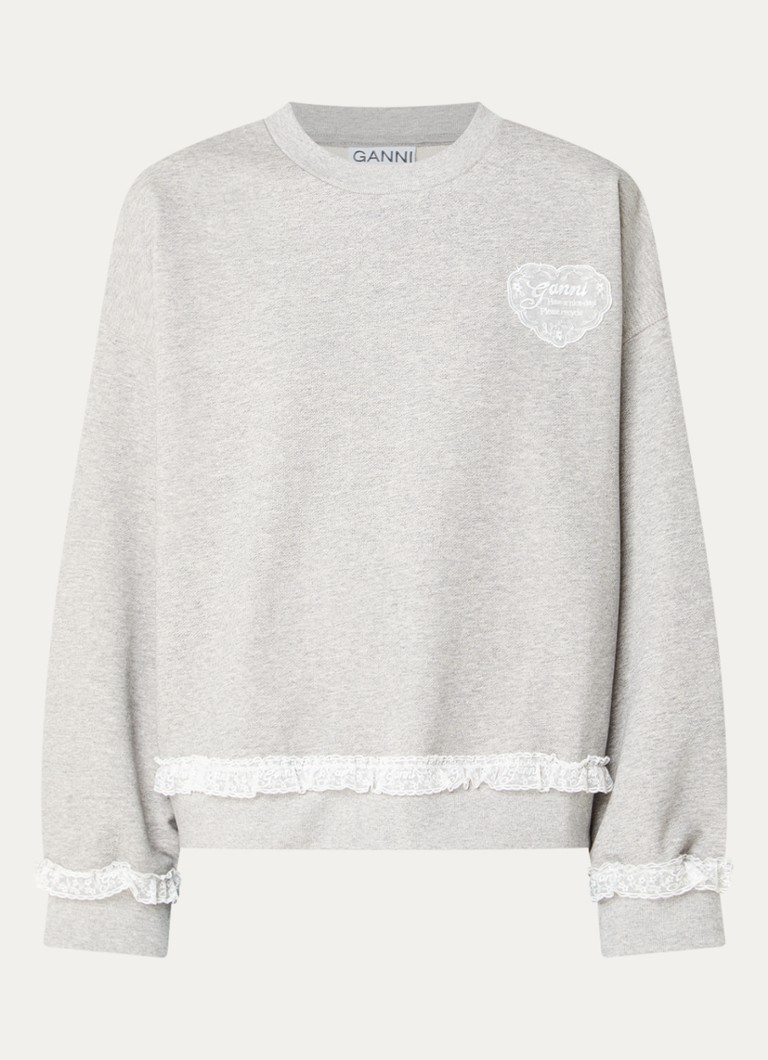 Ganni Dames Isoli sweater met logo en details van kant in de kleur Grijsmele, maat: L