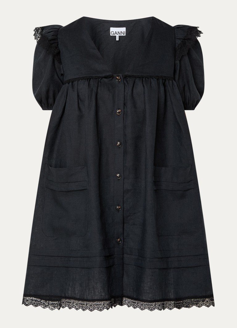 Ganni Dames Mini blousejurk van linnen in de kleur Zwart, maat: 40