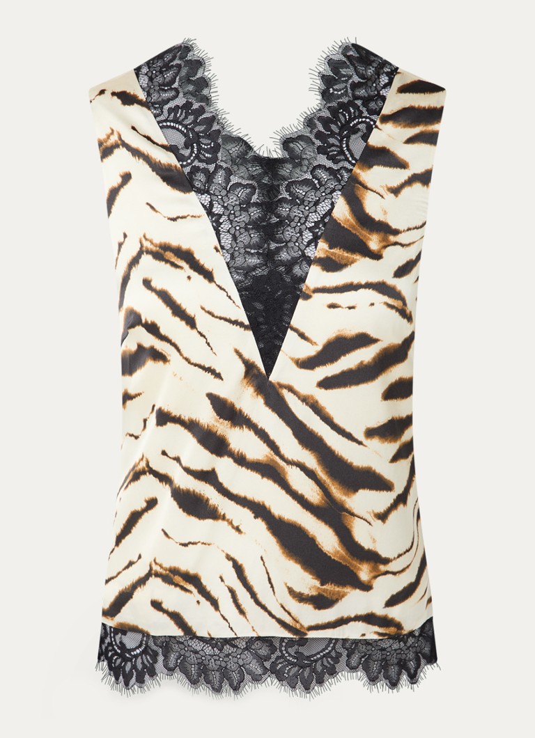 Ganni Dames Mouwloze top van satijn met zebraprint en details van kant in de kleur Gebroken wit, maat: 40