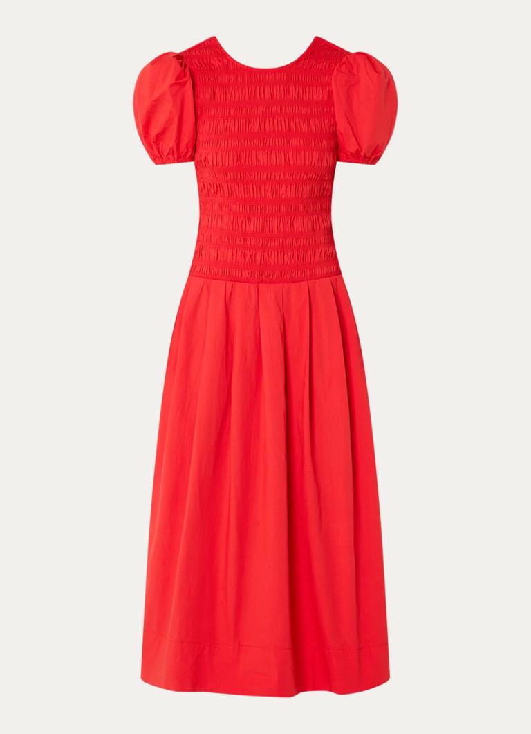 Ganni Dames Midi jurk met smockwerk in de kleur Oranjerood, maat: 36