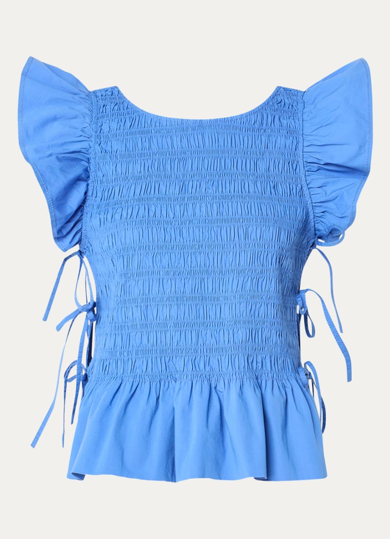 Ganni Dames Mouwloze top met smockwerk en gestrikt detail in de kleur Blauw, maat: 38