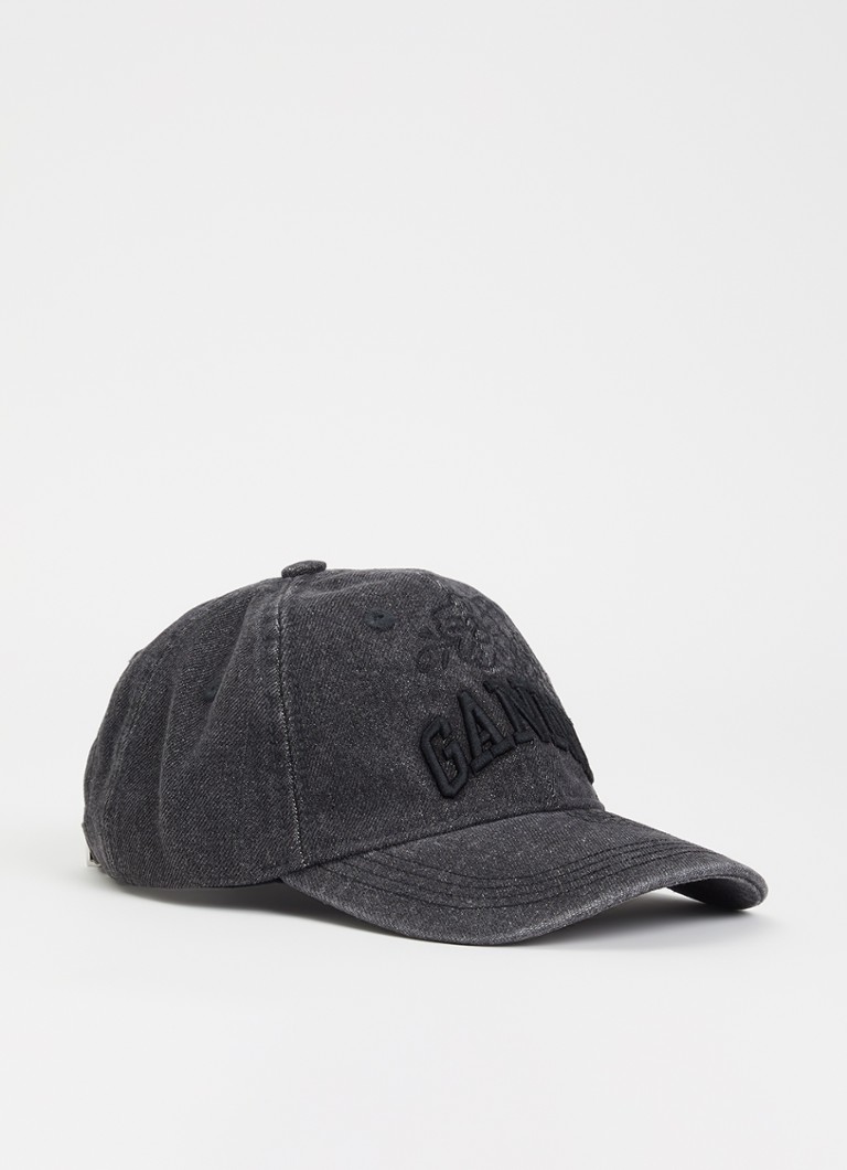 Ganni Dames Pet van denim met borduring en logo in de kleur Zwart, maat: ONE SIZE