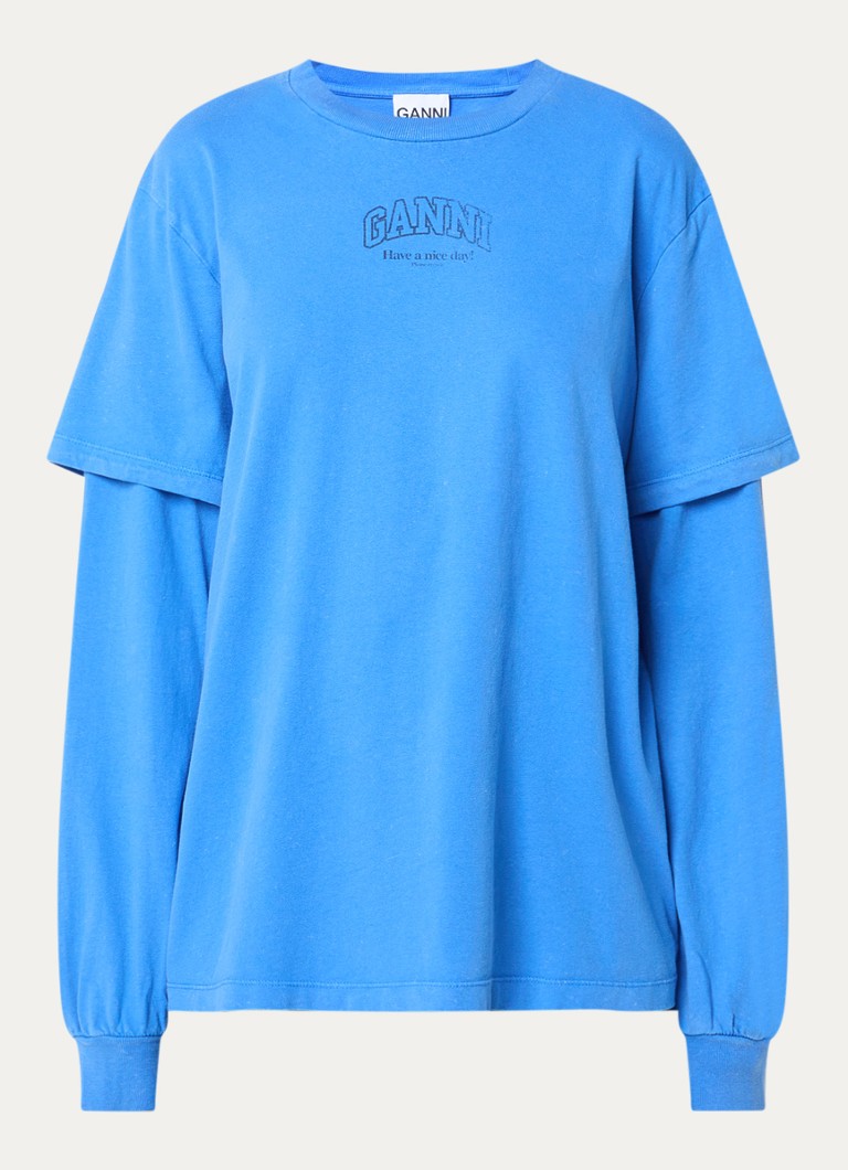 Ganni Dames Longsleeve met logoprint en verwassen afwerking in de kleur Blauw, maat: S