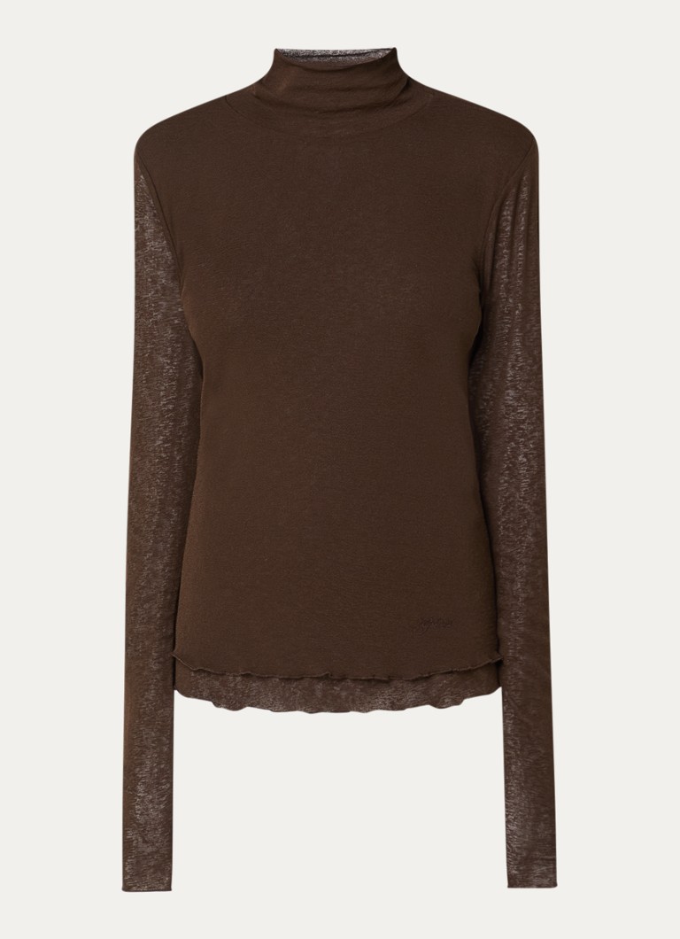 Ganni Dames Semi-transparante top van mesh met geschulpte zoom in de kleur Bruin, maat: 36