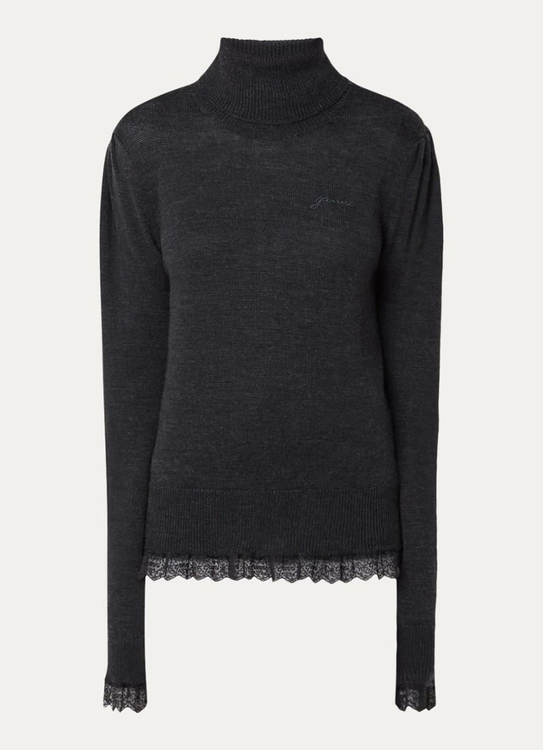 Ganni Dames Fijngebreide trui van merino wol met details van kant in de kleur Antraciet, maat: S