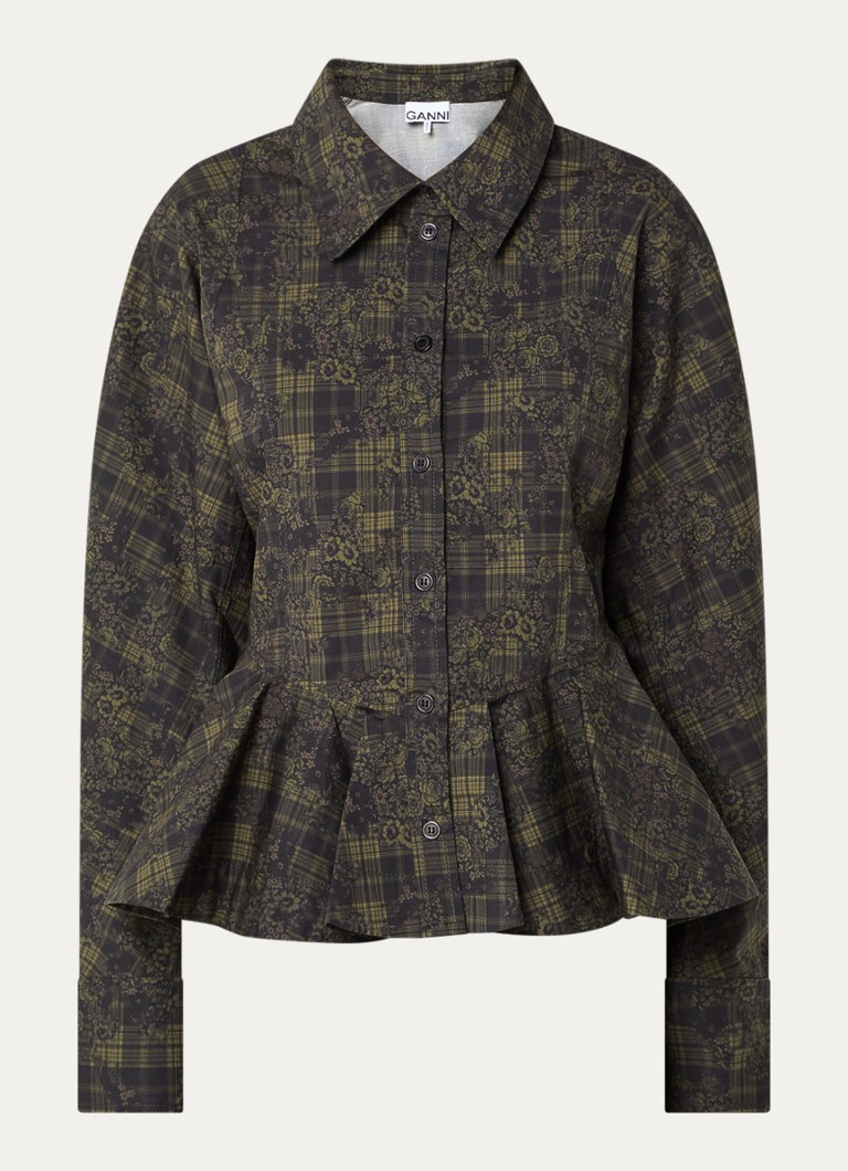 Ganni Dames Blouse met peplum en ruitdessin in de kleur Olijfgroen, maat: 34