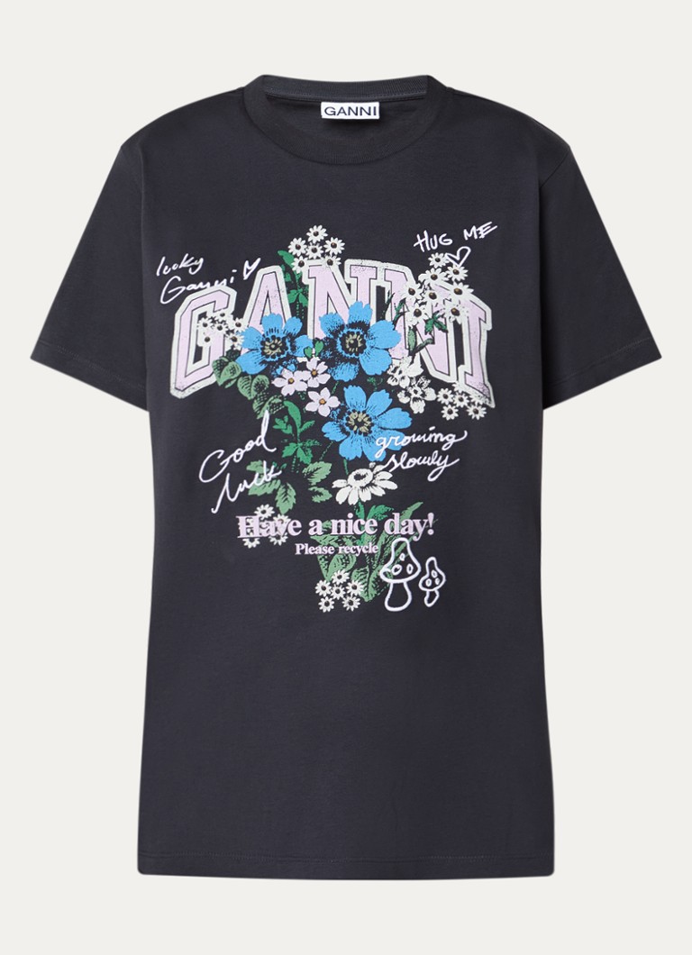 Ganni Dames T-shirt met logoprint en borduring in de kleur Antraciet, maat: XS