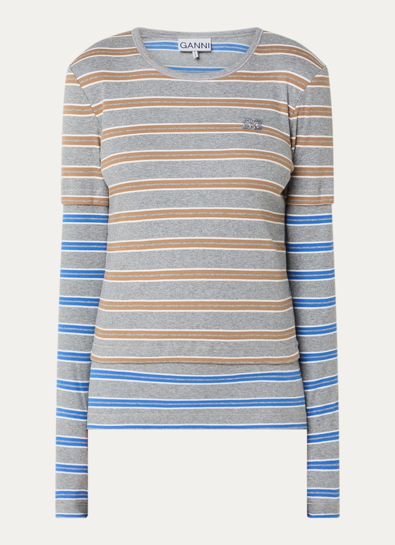 Ganni Dames Ribgebreide top met streepprint en logoborduring in de kleur Middengrijs, maat: L