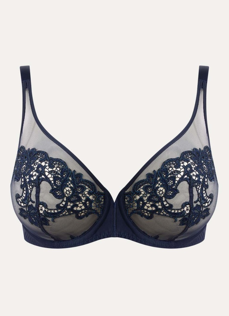 Simone Pérèle Dames Saga plunge bh van mesh met borduring in de kleur Donkerblauw, maat: 90C