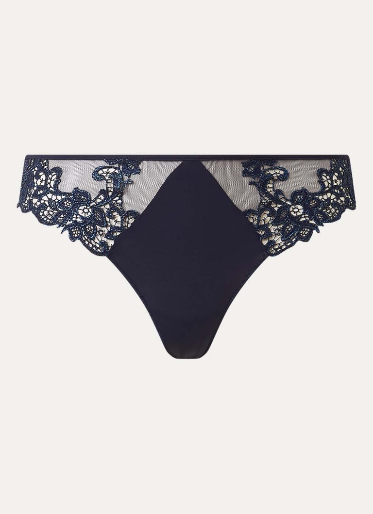 Simone Pérèle Dames Tanga van mesh met borduring in de kleur Donkerblauw, maat: 38