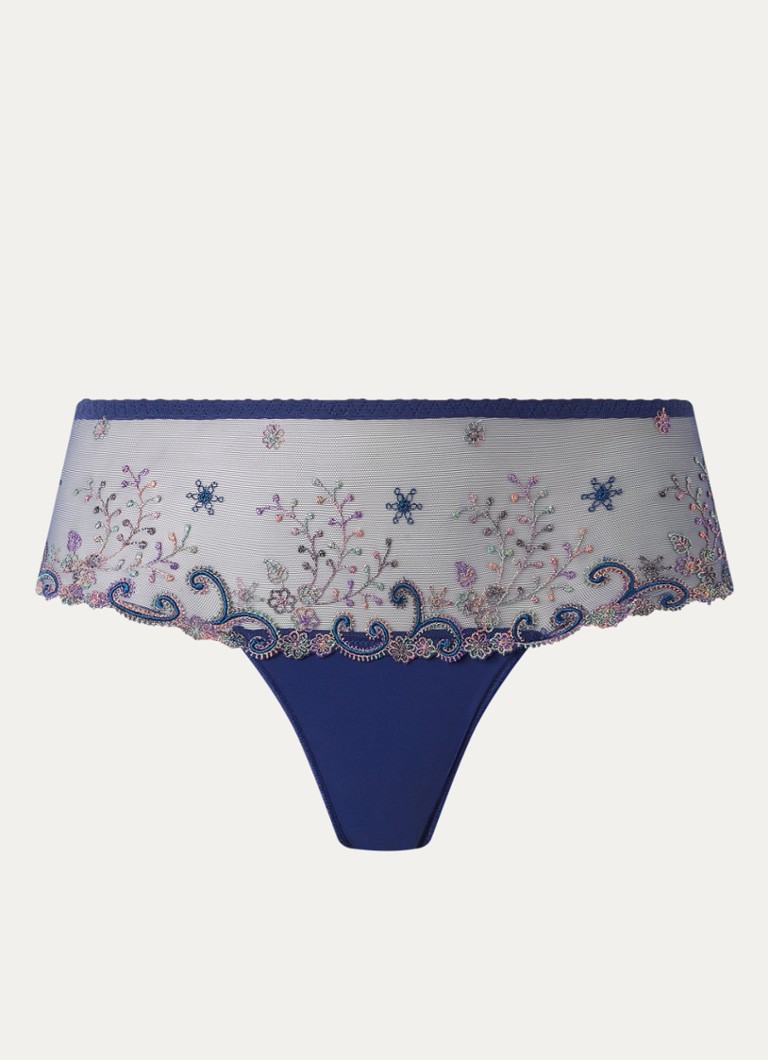 Simone Pérèle Dames Tanga met borduring in de kleur Royalblauw, maat: 44
