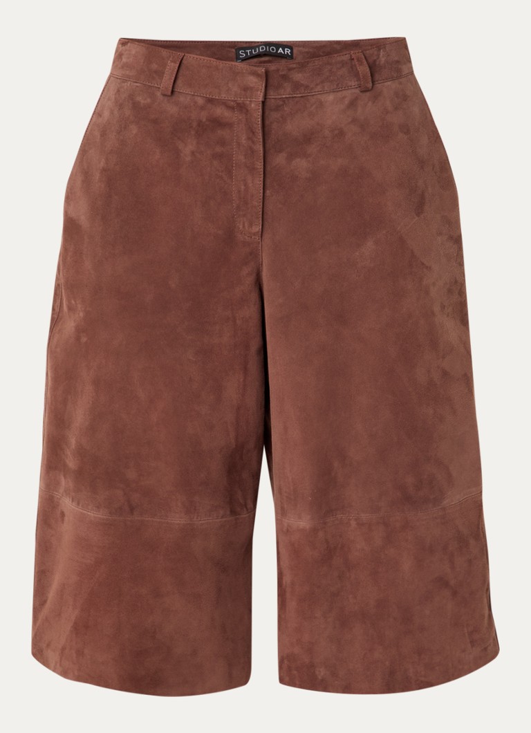 STUDIO AR Dames Matilde high waist straight fit korte broek van geitensuède in de kleur Bruin, maat: 40