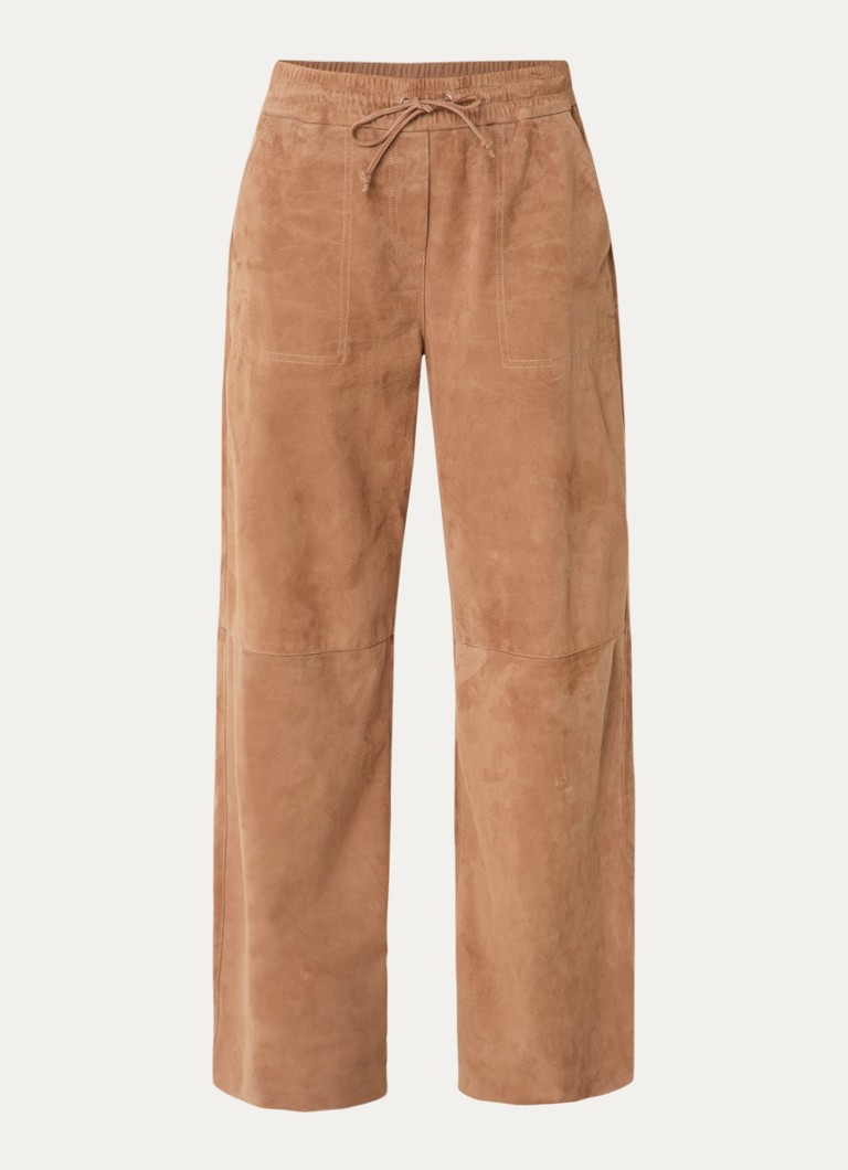 STUDIO AR Dames Nadia high waist straight fit broek van geitenleer in de kleur Lichtbruin, maat: 40