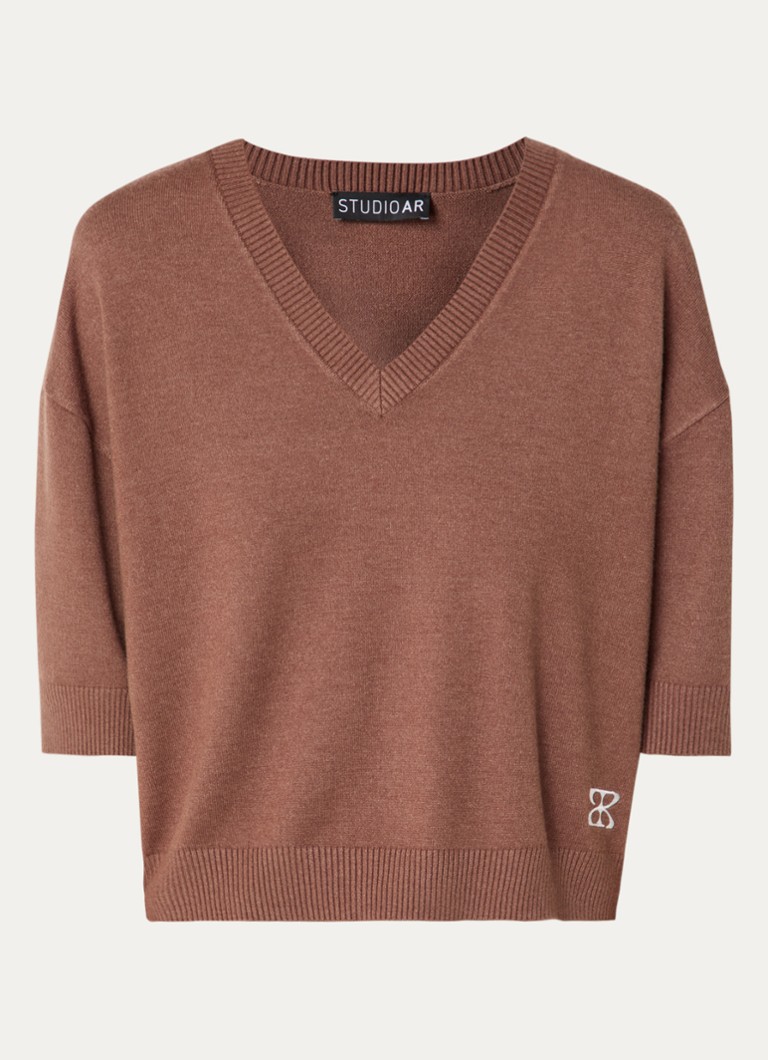 STUDIO AR Dames Sissy fijngebreide top met V-hals in de kleur Lichtbruin, maat: XL