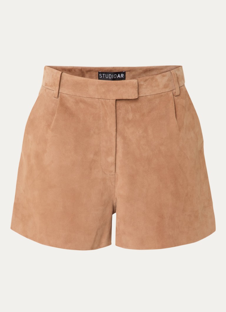 STUDIO AR Dames Sofie high waist straight fit korte broek van geitensuède in de kleur Lichtbruin, maat: 40