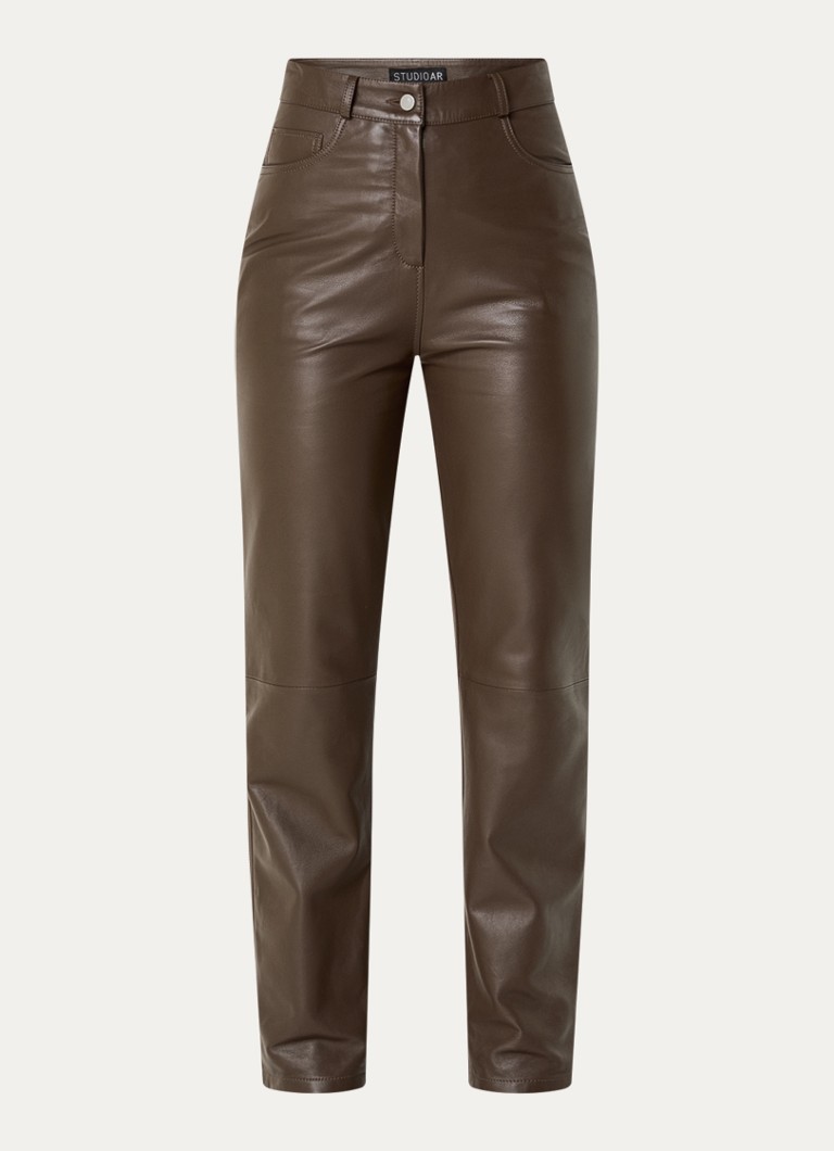 STUDIO AR Dames Sacha high waist straight fit broek van schapenleer in de kleur Bruin, maat: 38