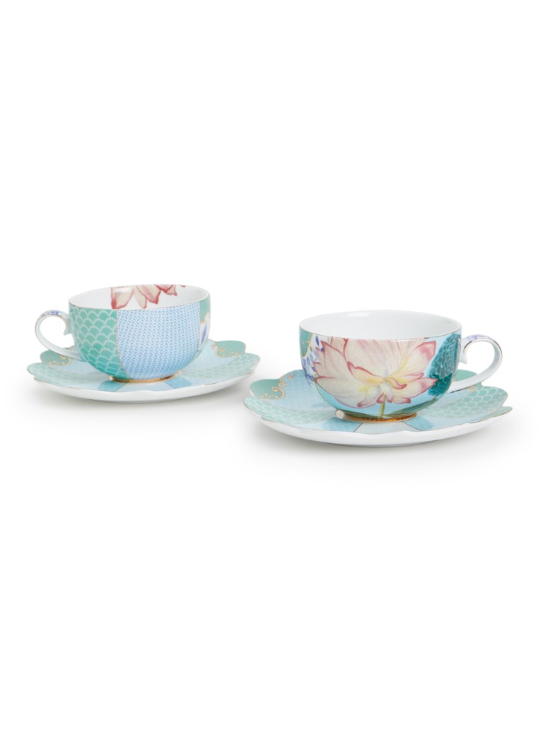 Pip Studio Royal Flowers kop en schotel 25 cl set van 4 Blauw - Deal