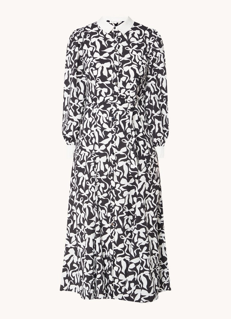 Phase Eight Dames Bonnie midi blousejurk met print en strikceintuur in de kleur Zwart