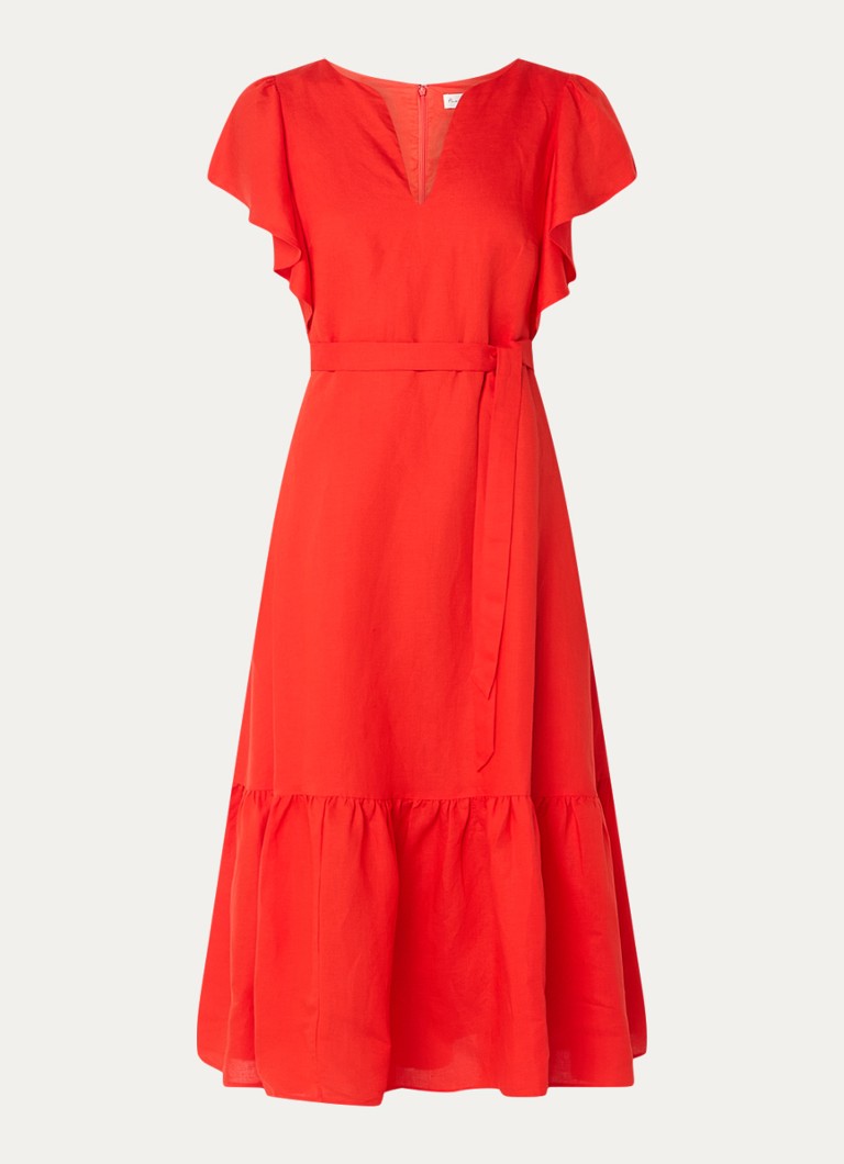 Phase Eight Dames Morgan midi jurk in linnenblend met strikceintuur in de kleur Rood