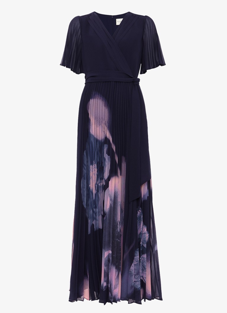 Phase Eight Dames Petite Abigail maxi jurk met bloemenprint en plissé in de kleur Donkerblauw