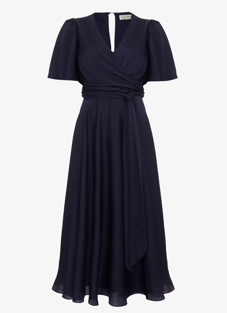 Phase Eight Dames Petite Abbie midi jurk met strikceintuur in de kleur Blauw