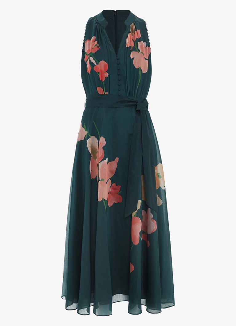 Phase Eight Dames Petite Lucinda midi A-lijn jurk met strikceintuur in de kleur Donkergroen