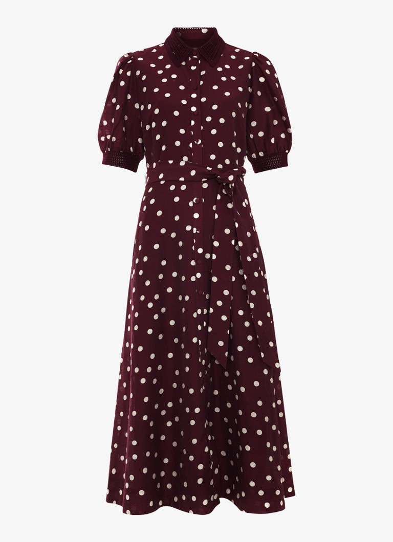 Phase Eight Dames Delphine midi blousejurk met stippenprint en strikceintuur in de kleur Burgundy