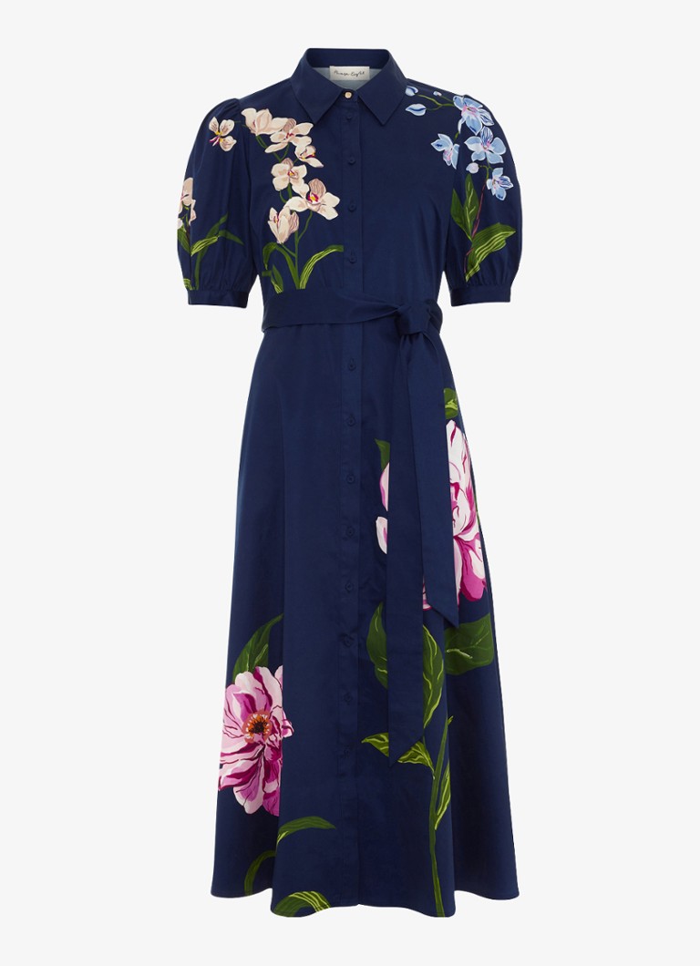 Phase Eight Dames Kerrie midi jurk met bloemenprint en strikceintuur in de kleur Donkerblauw
