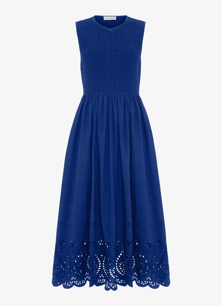 Phase Eight Dames Jade midi jurk met smockwerk en broderie in de kleur Donkerblauw