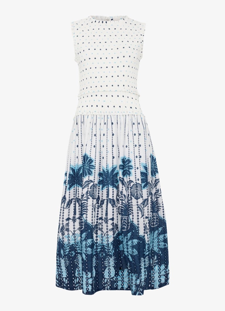 Phase Eight Dames Chiara midi jurk met print en smockwerk in de kleur Wit