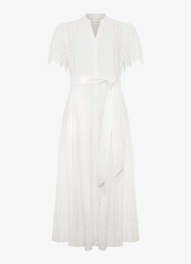 Phase Eight Dames Aletta midi blousejurk met broderie en strikceintuur in de kleur Wit