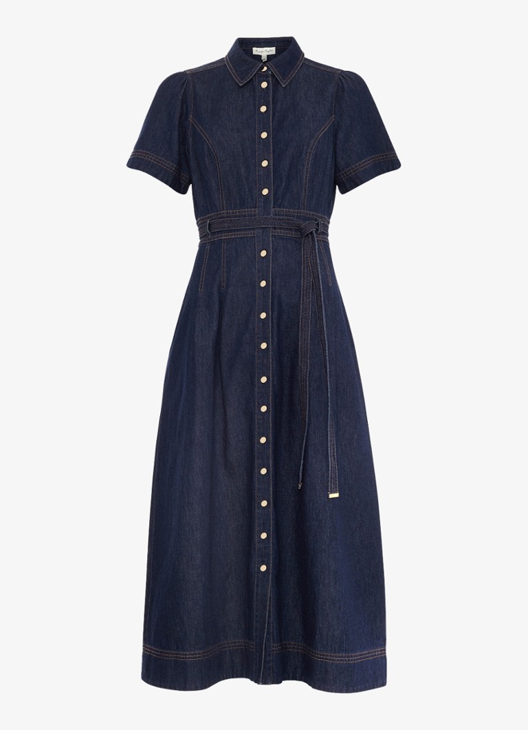 Phase Eight Dames Aven midi blousejurk van denim met strikceintuur in de kleur Donkerblauw