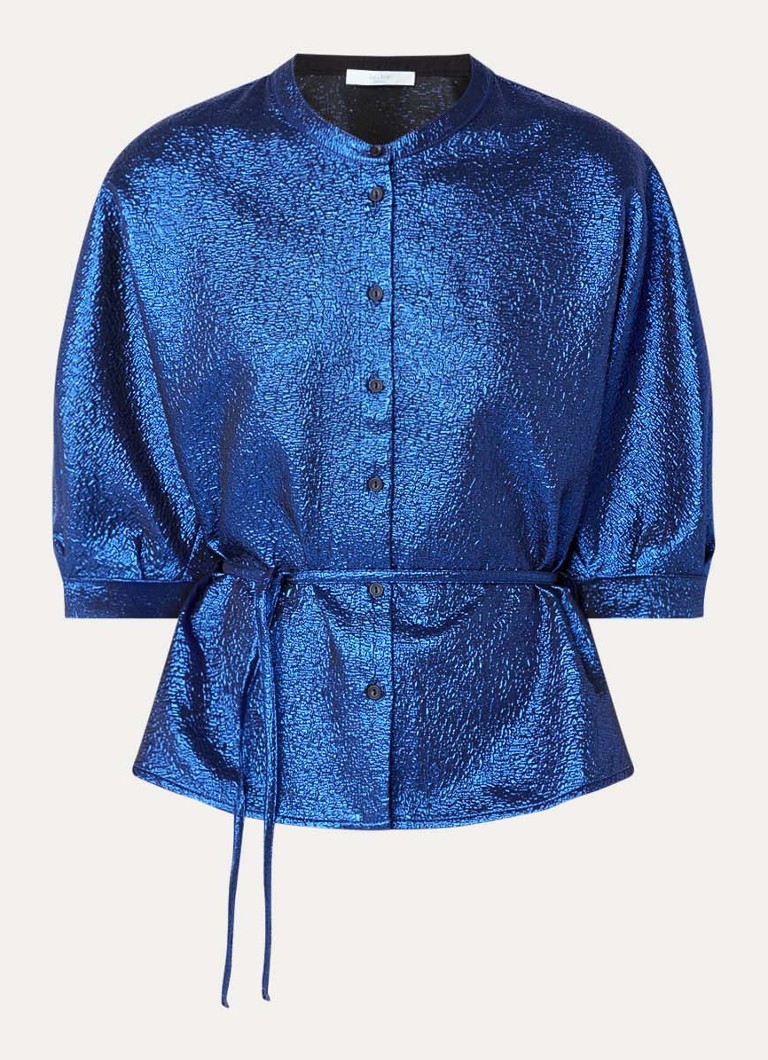 By-bar Dames Christi blouse met lurex en strikdetail in de kleur Donkerblauw, maat: M