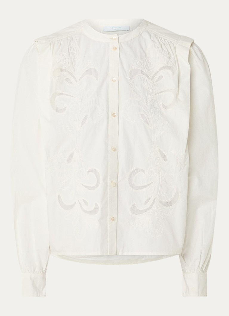 By-bar Dames Soof blouse met broderie in de kleur Gebroken wit, maat: S