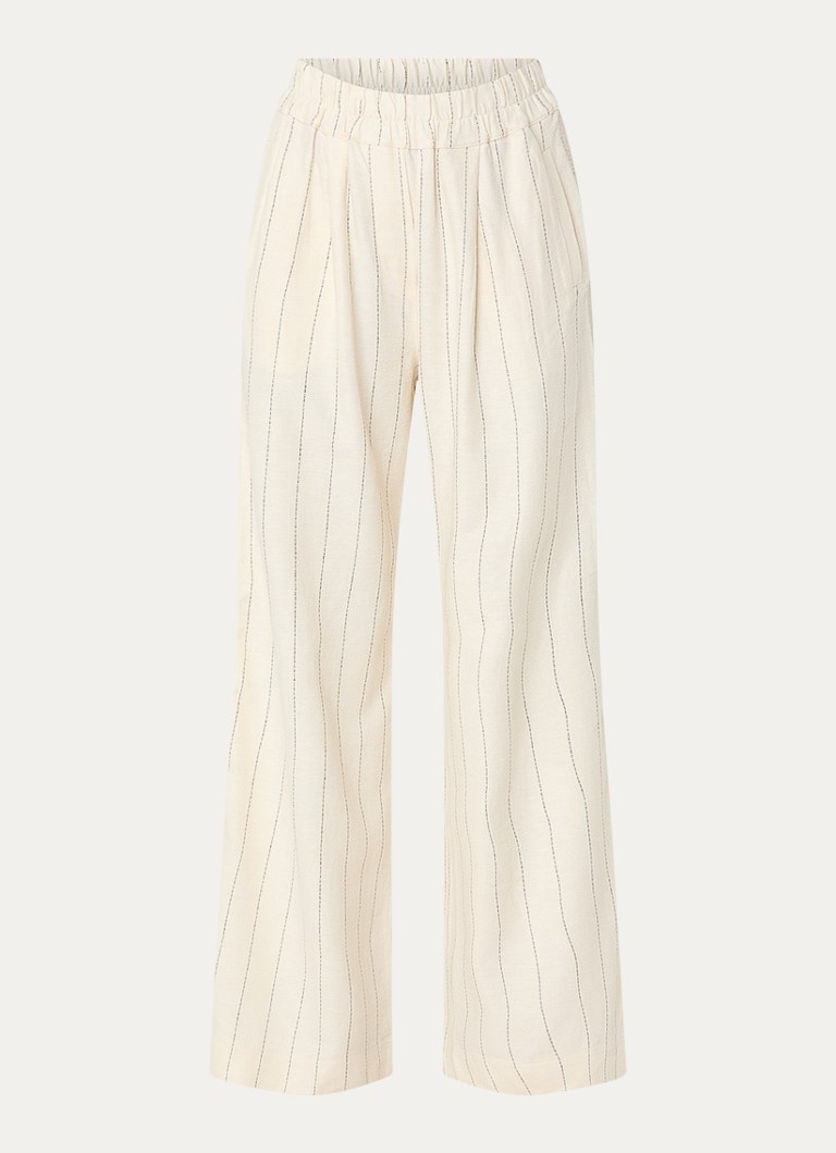 By-bar Dames Benji high waist wide fit broek in linnenblend met streepprint in de kleur Gebroken wit, maat: S