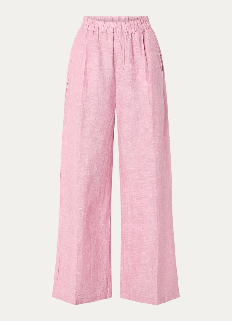 By-bar Dames Benji high waist wide fit broek in linnenblend met steekzakken in de kleur Roze, maat: S