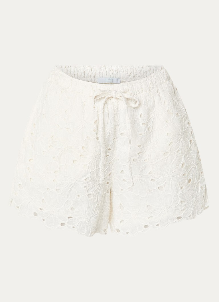 By-bar Dames Isa high waist straight fit korte broek met broderie in de kleur Gebroken wit, maat: XL