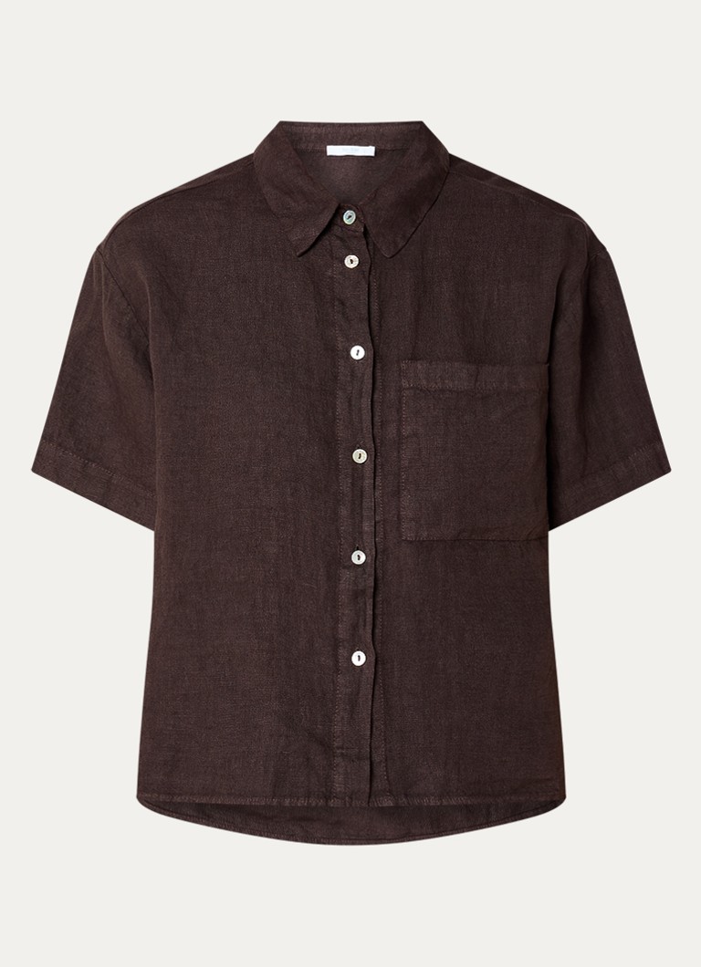 By-bar Dames Mara cropped blouse van linnen met borstzak in de kleur Donkerbruin, maat: M