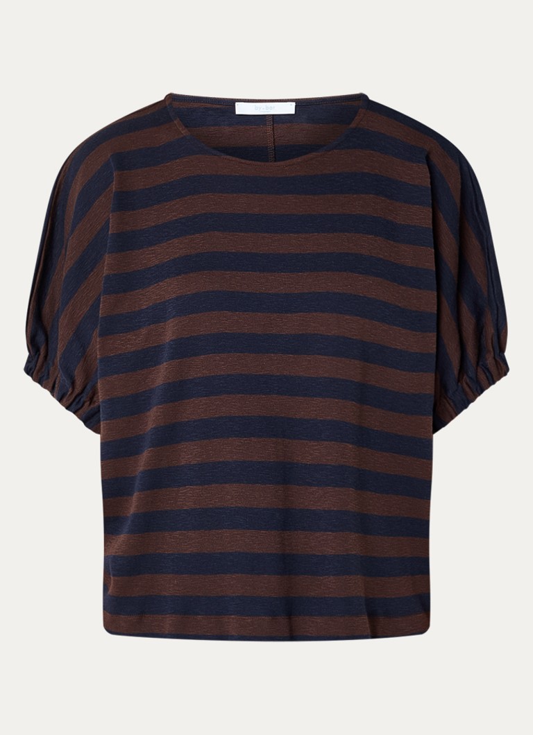 By-bar Dames Merle top met ballonmouw en streepprint in de kleur Kastanjebruin, maat: L