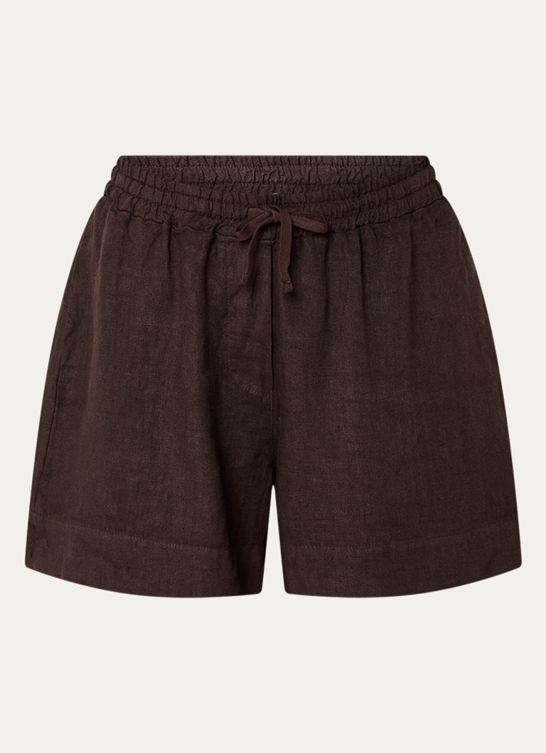 By-bar Dames Lio high waist straight fit korte broek van linnen met trekkoord in de kleur Bruin, maat: XS