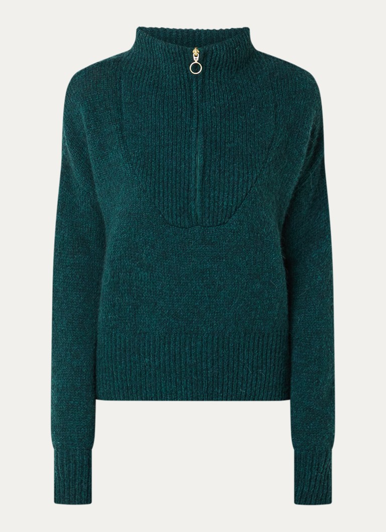 By-bar Dames Beau grofgebreide trui in alpaca wolblend met halve rits in de kleur Donkergroen, maat: S