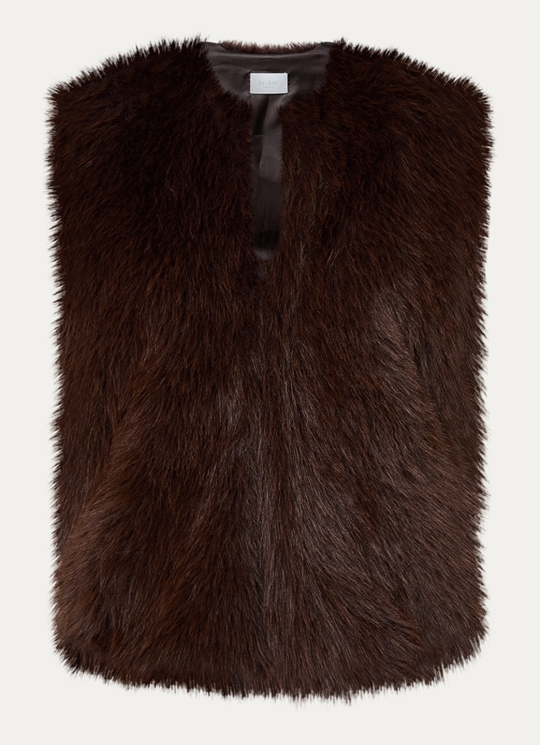 By-bar Dames Mona gilet van imitatiebont met ronde hals in de kleur Donkerbruin, maat: L