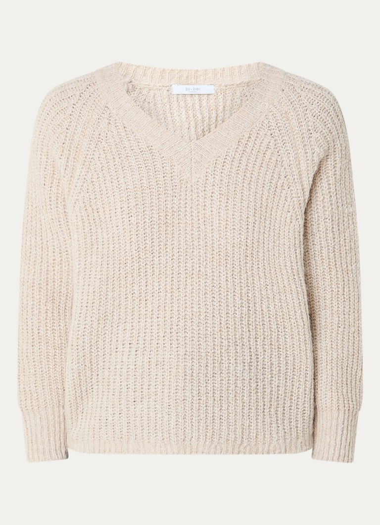 By-bar Dames Lune grofgebreide trui in alpaca wolblend met V-hals in de kleur Creme, maat: L