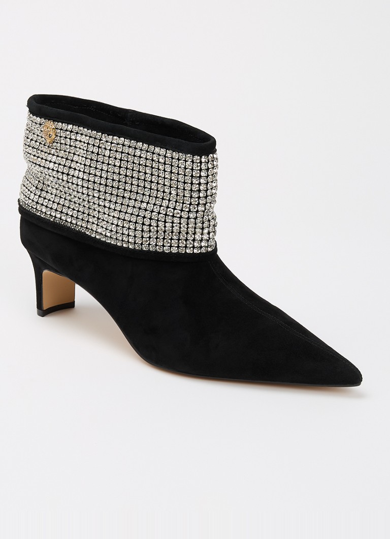 Kurt Geiger Dames Fold Over enkellaarsje van suède met strass in de kleur Zwart, maat: 37