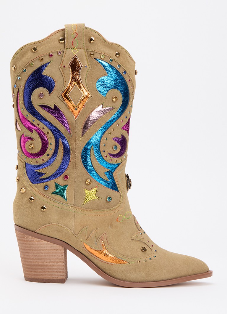 Kurt Geiger Dames Kensington cowboylaars van suède met strass in de kleur Khaki, maat: 38
