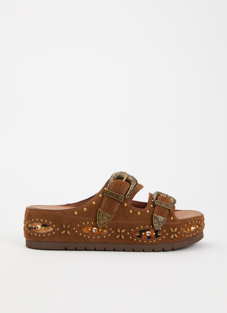 Kurt Geiger Dames Western Buckle Flatform sandaal van suède met studs in de kleur Bruin, maat: 40