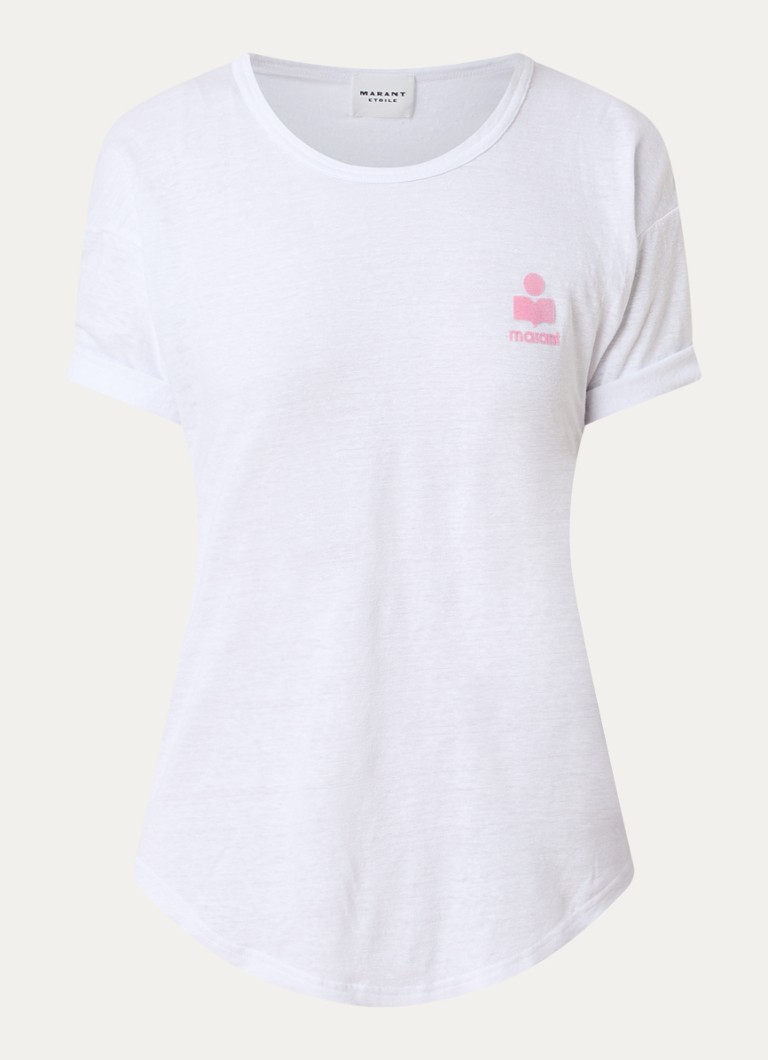 Isabel Marant Dames Koldia semi-transparant T-shirt van linnen met flock logoprint in de kleur Wit, maat: M