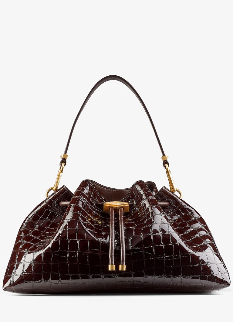 Jimmy Choo Dames Cinch M schoudertas van leer met crocostructuur in de kleur Donkerbruin